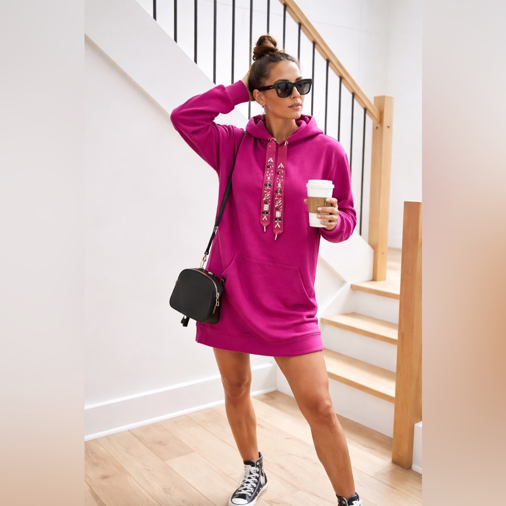 Zara Purple Bee Beaded Drawstring Oversized Pullover Tunic Hoodie